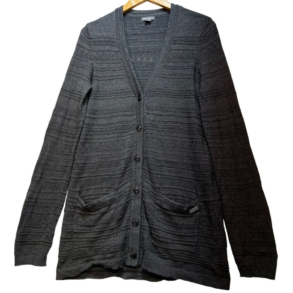 Eddie Bauer Women's Cardigan Sweater Knit Button Front Size M Dark Gray Pockets